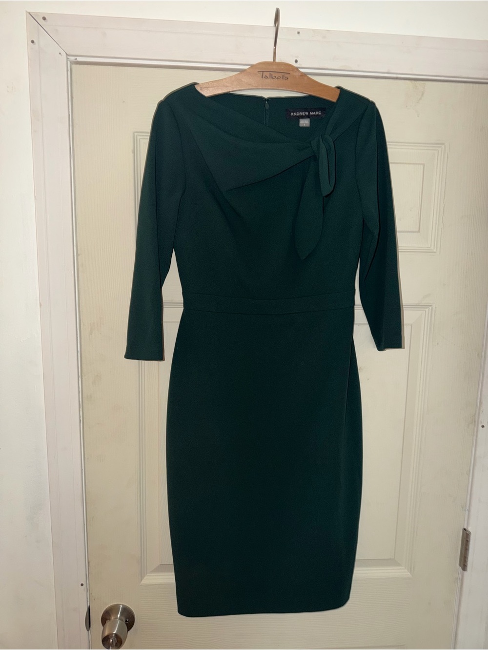 Andrew Marc Dark Green Long-Sleeve Sheath Dress with Neck Tie